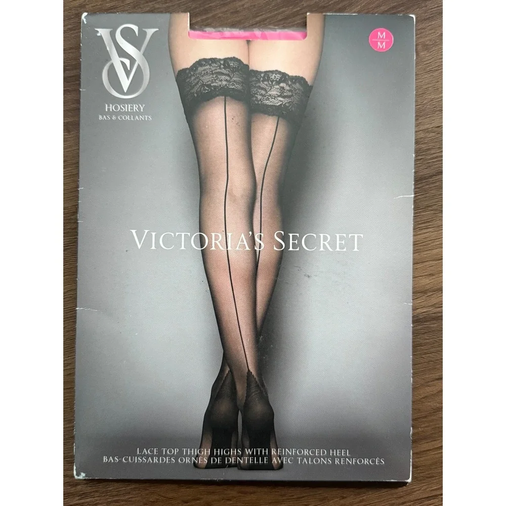 Victoria's Secret Pink Lace Top Thigh Highs Back Seam Rhinestone Logo Size M